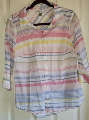 Pastel Striped Button-down Poplin Top 100% Cotton Linen Feel Women's Med Sheer 
