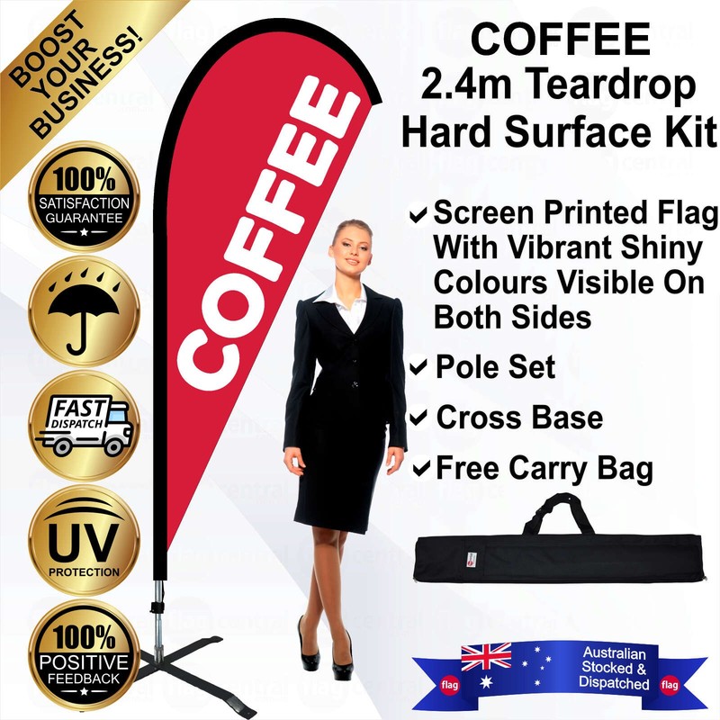 K - COFFEE Red 2.4m Teardrop Flag / Banner Kit with Pole Set, Steel Outdoor Cross Base and a Free Carry Bag - 1