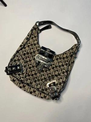 Vintage Y2K GUESS Monogram Shoulder Bag Black Beige Canvas Patent Leather - Image 1 of 4