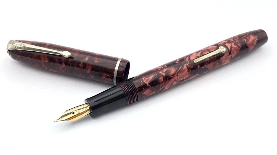 VINTAGE CONWAY STEWART 75 FOUNTAIN PEN IN ROSE MARBLE SPRINGY 14K GOLD FINE NIB - Image 4 of 4