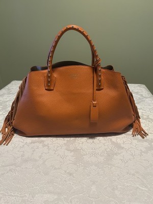 IACUCCI Orange Leather Handbag Tote Crossbody Fringe Studded 