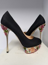 NUEVO DOLLY on ROCKS Charlotte Olympia Negro Seda Plataforma Joya Estrás Tacones