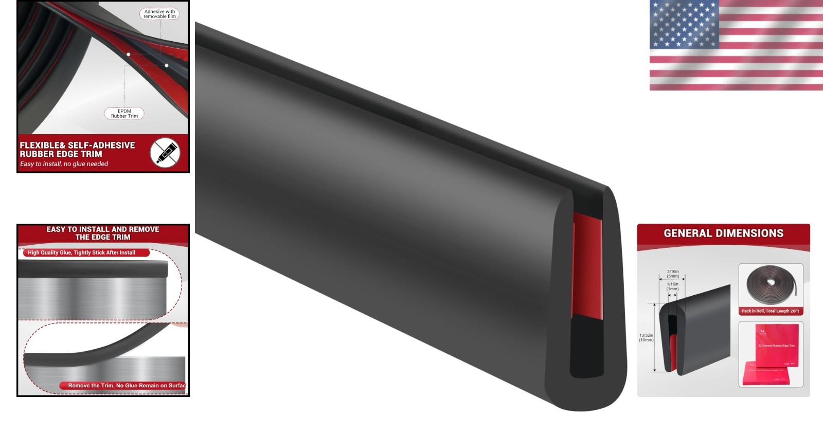 EPDM U Channel Edge Protector - 20ft Self Stick Rubber Trim for Sharp Edges