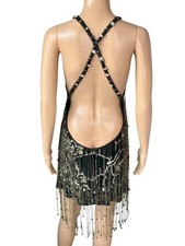 Roberto Cavalli F/W 2002 Runway Embellished Beaded Fringed Open Back Mini Dress