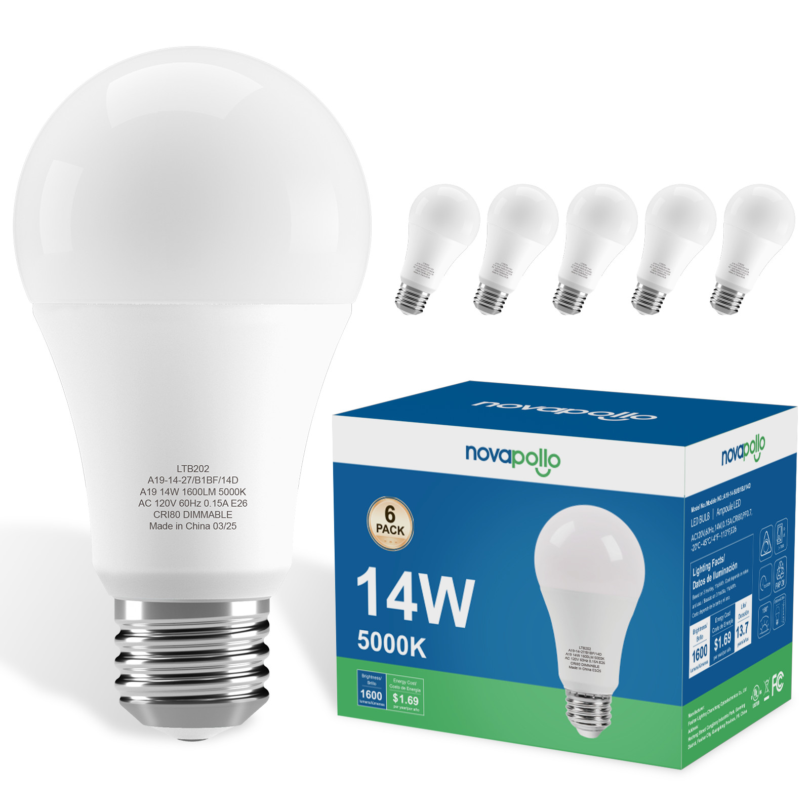 6/12/24PACK 14W =100W Dimmable Bright White A19 LED Light Bulbs 5000K Daylight