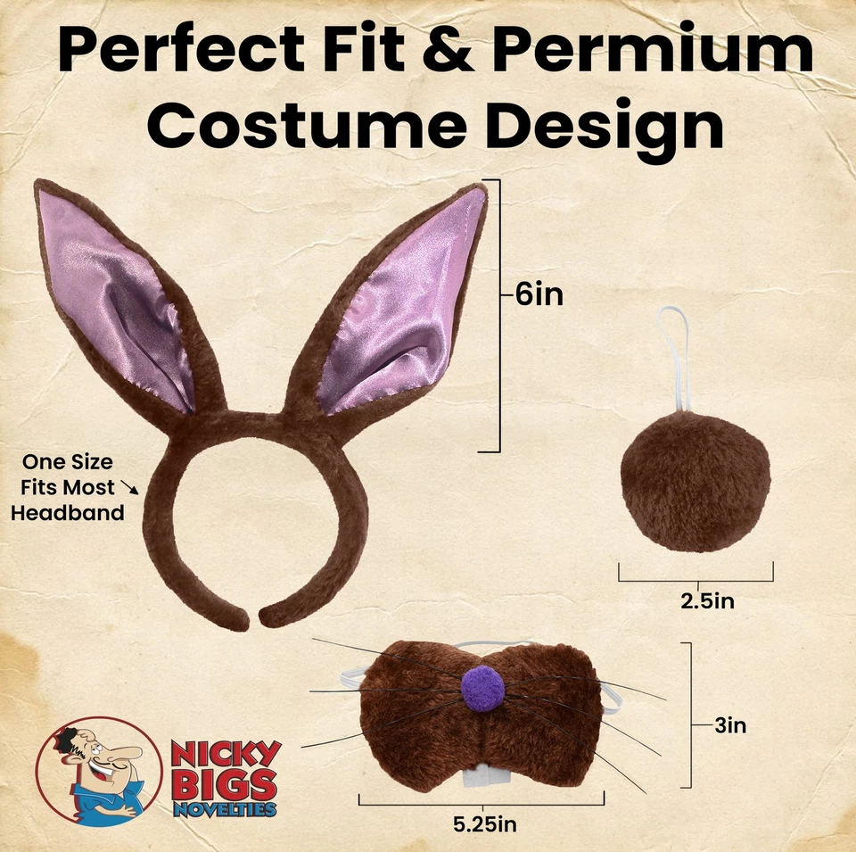 Conjunto de diadema de cola de nariz con orejas de conejo marrón para adultos Kit de disfraz de animal de conejo de Pascua Foto 3 de 4