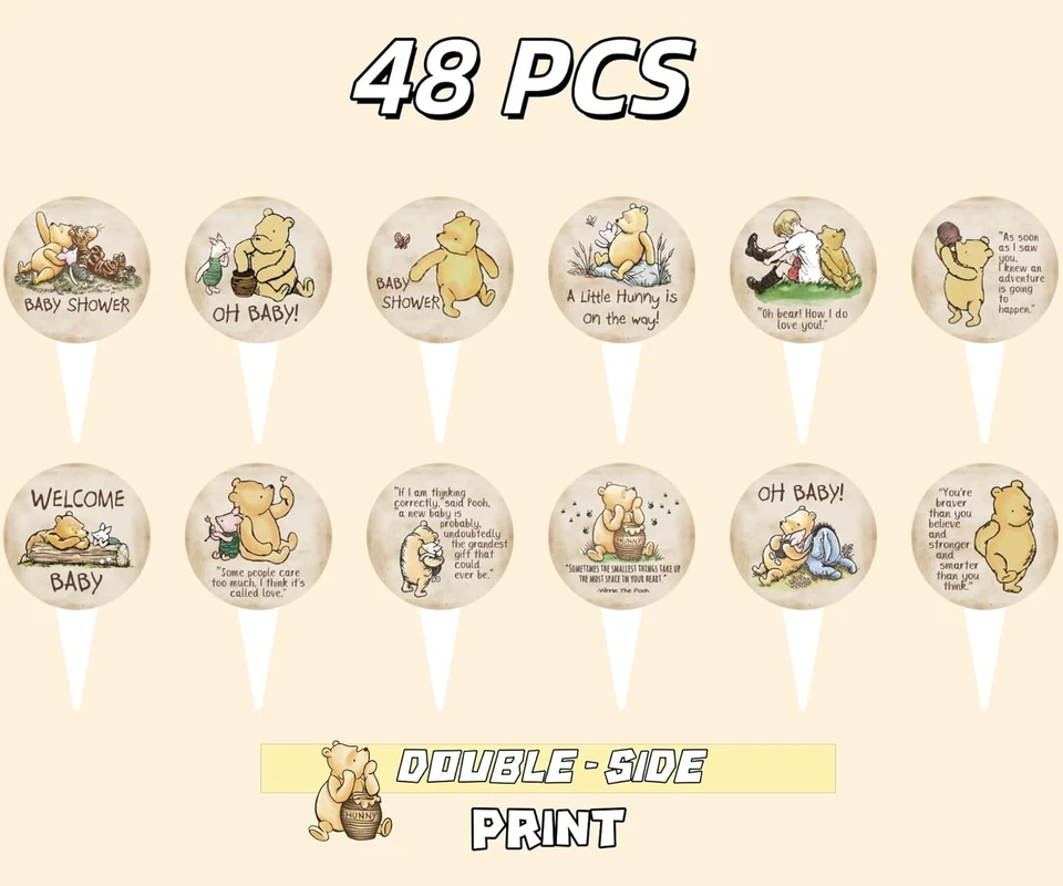 48 PIEZAS Winnie Cupcake Toppers Cotizaciones para Decoraciones de Baby Shower Clásico Pooh The Foto 2 de 4