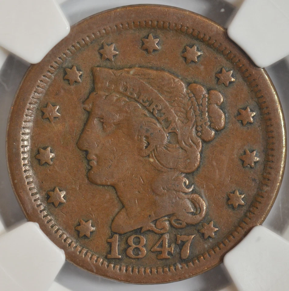 1847 Braided Hair Large Cent, NGC VF25, N-5 Variety, R-3+, Nice Color, C8423 - Image 2 of 4