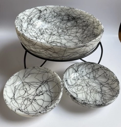 Vintage Milk Glass Atomic Spaghetti String Drizzle Black White Bowls 10 & 6” 3PC