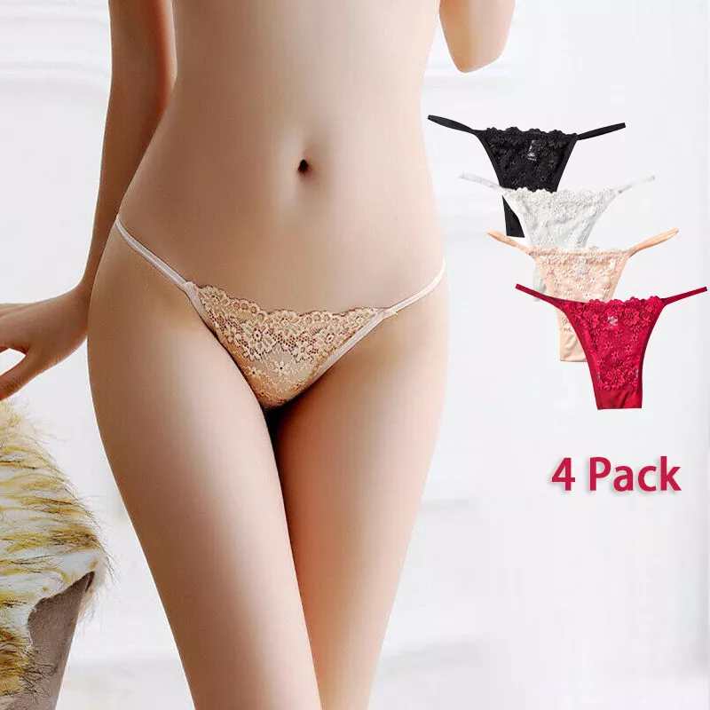 Women Lace Thong Sexy G-String Briefs Cotton Underwear Fashion Panties 4  Pack