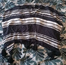 Woven Black and White Shawl Blouse w/Tassels New No Tags One Size Fits All