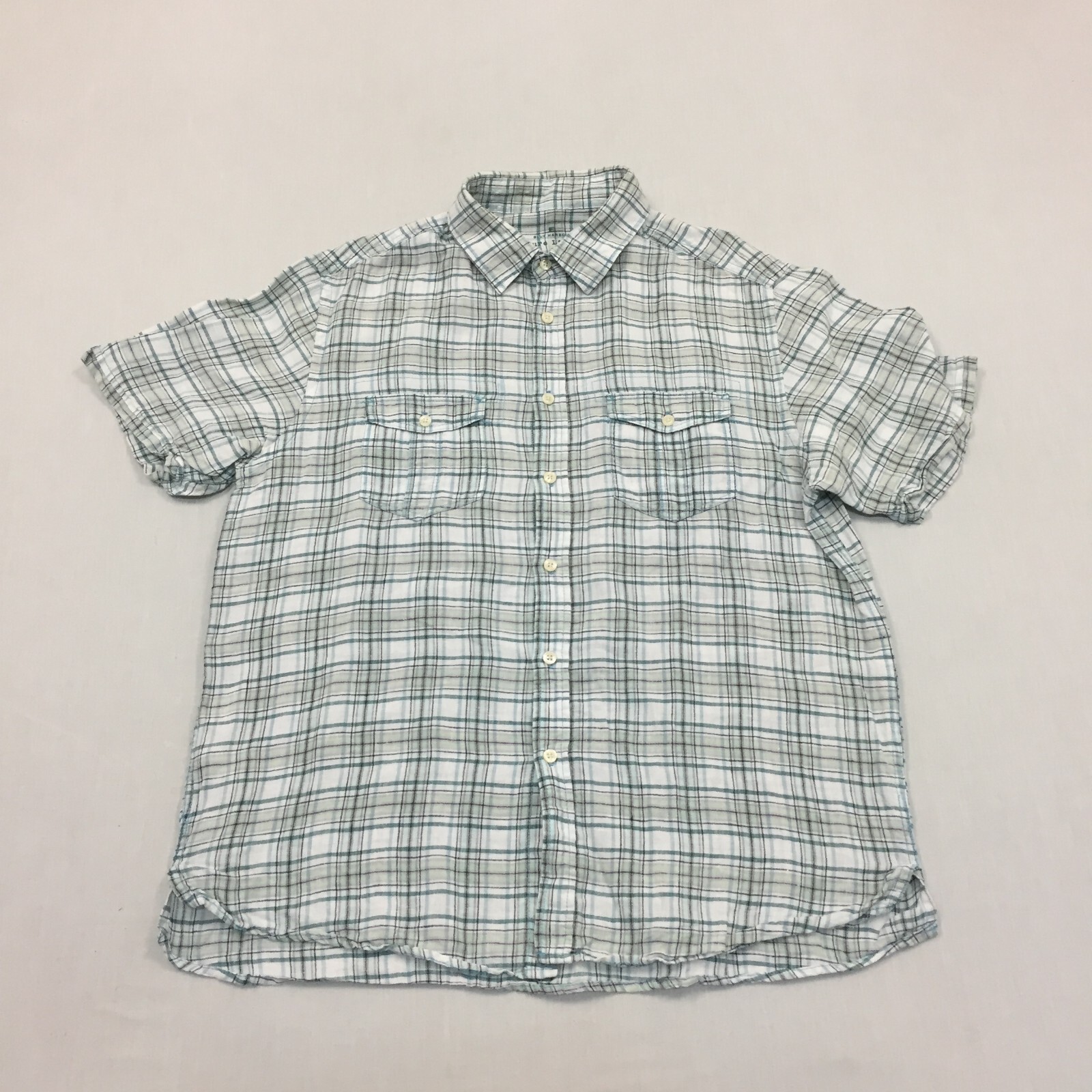 M&S 100% Pure Linen Shirt Mens Large Button Up Short Sleeve Green Check (L)