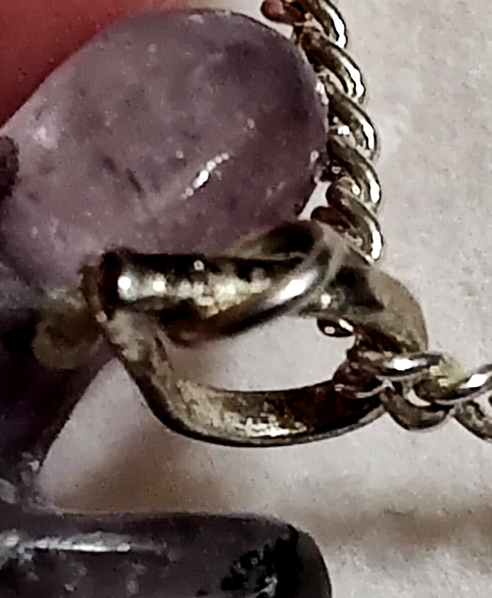 ~ Amethyst Angel Shaped Stone Necklace Silver-tone Chain Safety Clasp Box VTG