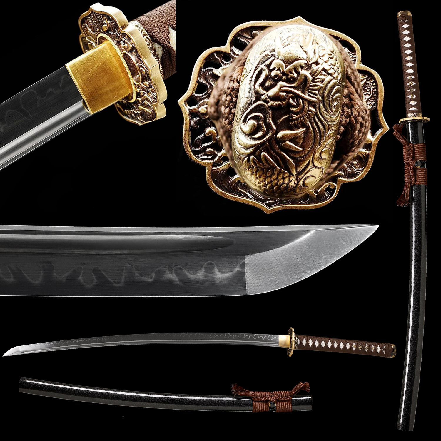 Handmade Japanese Samurai Katana with T10 Steel Clay Tempered Blade and Real Hamon Edge