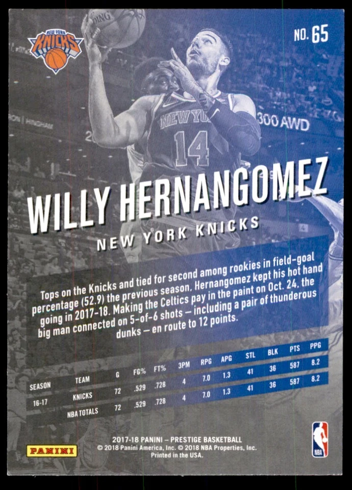 2017-18 Panini Prestige Willy Hernangomez New York Knicks #65 - Image 2 of 2