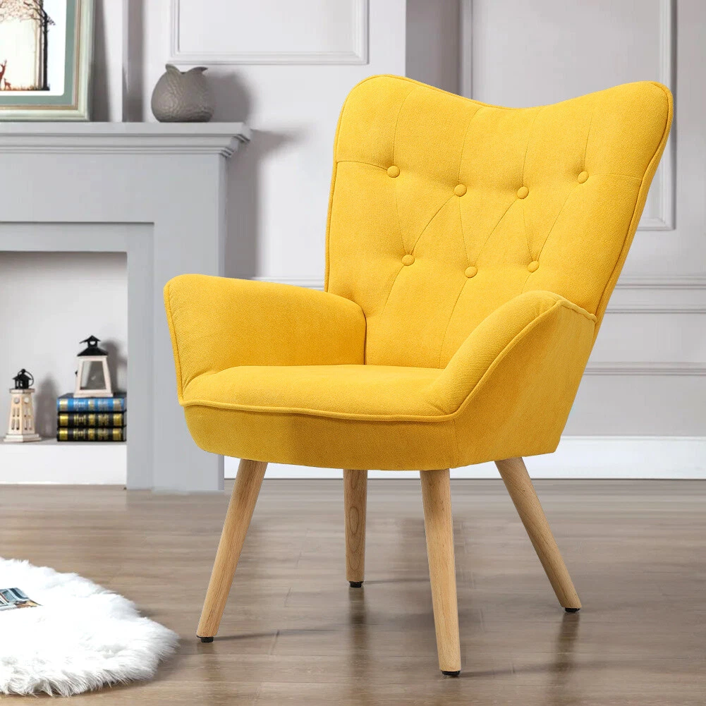 Linen Fabric Armchair Sofa Buttoned Back Upholstered Accent Chair