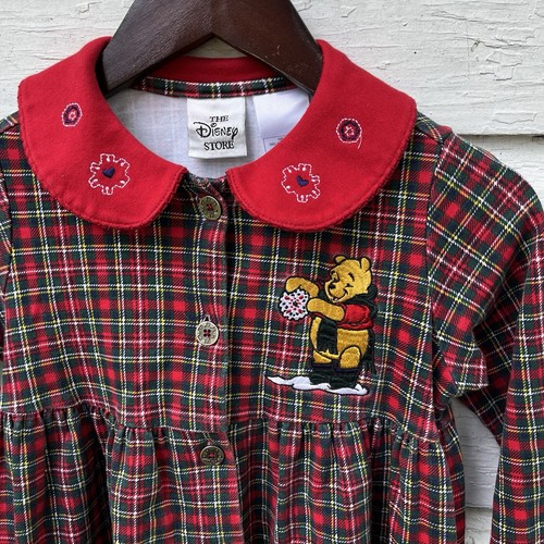 VINTAGE Disney Winnie The Pooh Red Plaid Christmas Holiday Winter Dress-Size 4/5 - Picture 2 of 7