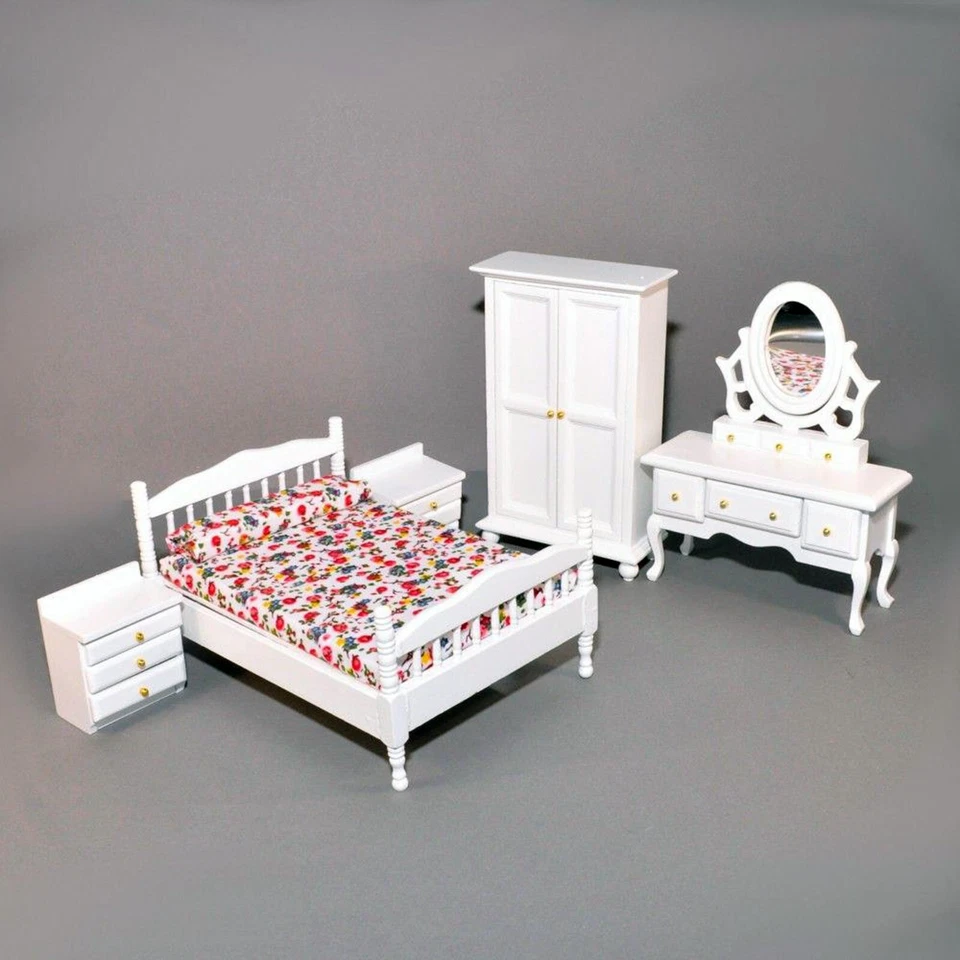 Juego de dormitorio de madera para casa de muñecas 5 piezas pintado en blanco escala 1:12 1171 tumdee Foto 2 de 4