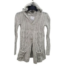 Justice Girl's Gray Chunky Cable Knit Wool Blend Hooded Button Up Cardigan Sz 12