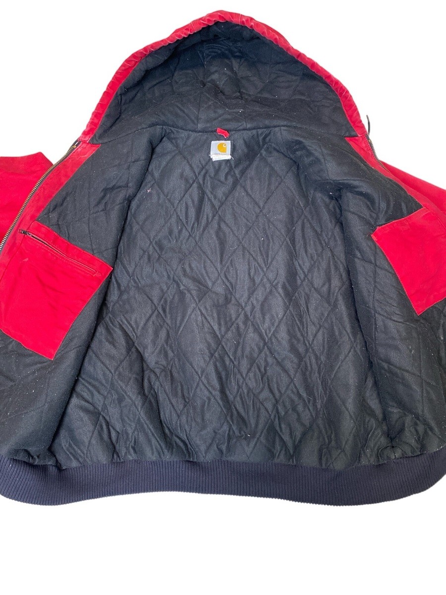 Carhartt Mens Vtg Red Canvas J140 Hooded Zip Up Workwear Jacket