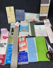 Lot of Vtg Sewing Notions Supplies Seam Binding Scissors Buttons Lace Zipper