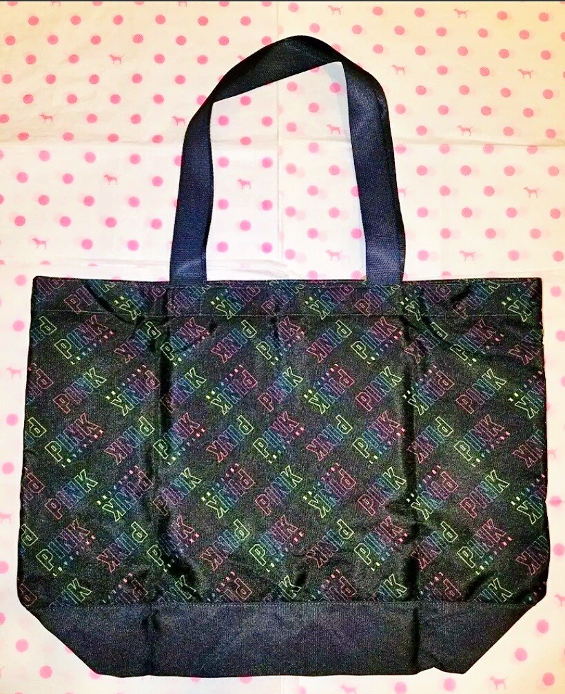 ☆Victoria's secret ピンクロゴが可愛いブラックトートバッグ☆ Victoria's Secret PINK Cute Rainbow Logo Large Tote Bag
