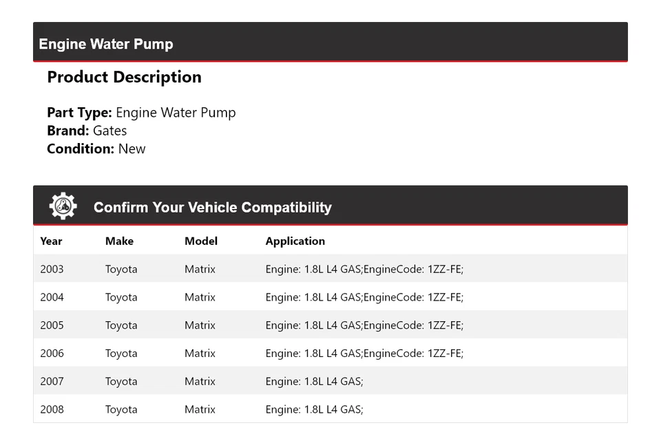Para Toyota Matrix 2003-2008 1.8L L4 Motor Gas Bomba Agua Puertas 2004 2005 2006 Foto 2 de 4