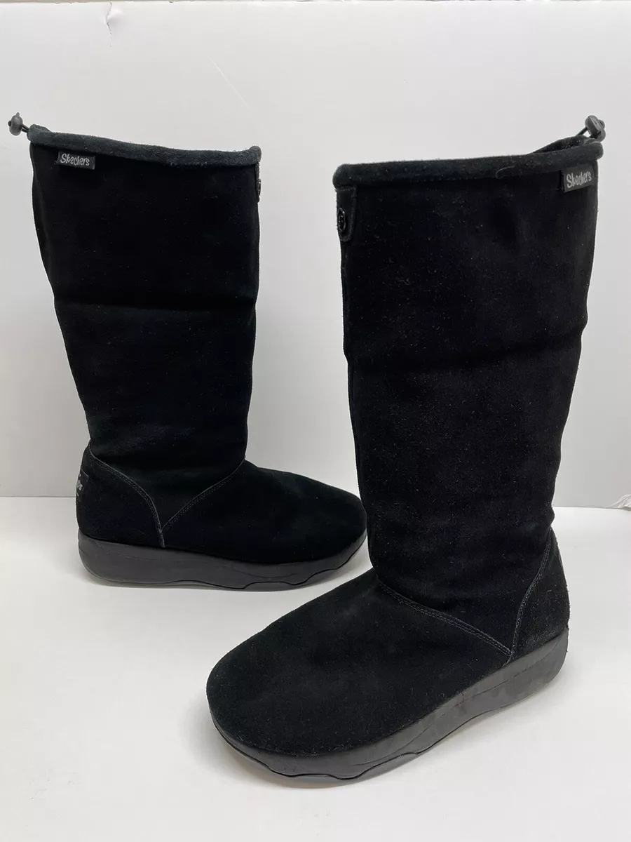 Skechers Tone ups Boots Black Suede Platform Sole Faux Fur 38709