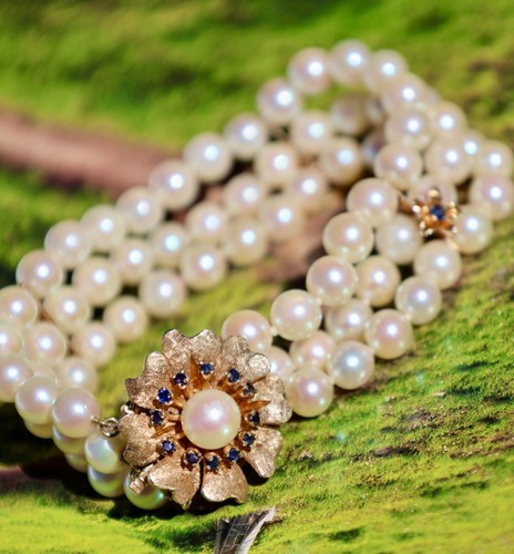 14K SOLID YELLOW GOLD 37GRAMS ~7" PEARL Blue SAPPHIRE BRACELET 3-D FLOWER CLASP - Picture 3 of 14