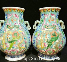 Coppia vaso bottiglia zun orecchio elefante bestia fenice uccellino fenice porcellana 12" Daoguang Wucai
