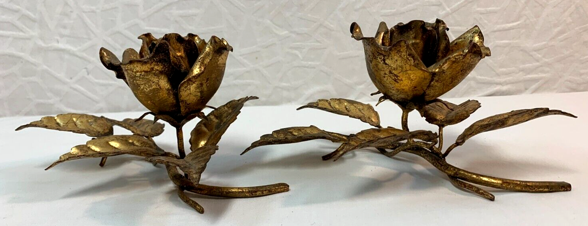 Pair Vtg Italian Tole Gilt Metal Rose Candlestick Holder  display picture 1