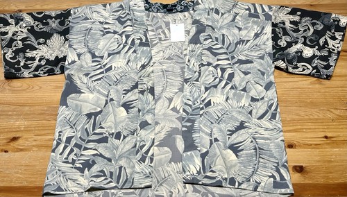 New! H&M Open Front Top Size Medium Cream Black Floral Short Sleeve Lightweight - Picture 5 of 21