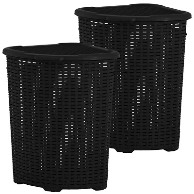 Plastic Wicker Corner Laundry Hamper with Lid-Black, 2 Pack (50 Liter)