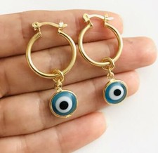 18K Gold Filled Light Blue Evil Eye Hoop,Nazar Earrings/Argollas Ojo Turco- E49