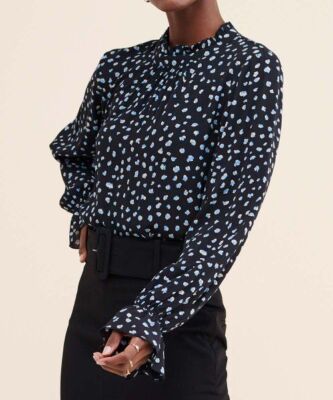 $99 Sanctuary Blue Abstract Solstice Flare-Sleeve Mock Neck Blouson Top 3 X NWOT