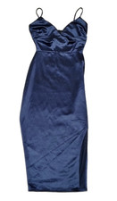 Windsor Samantha Sweetheart Navy Satin Midi Dress S Side Slit Corset Formal