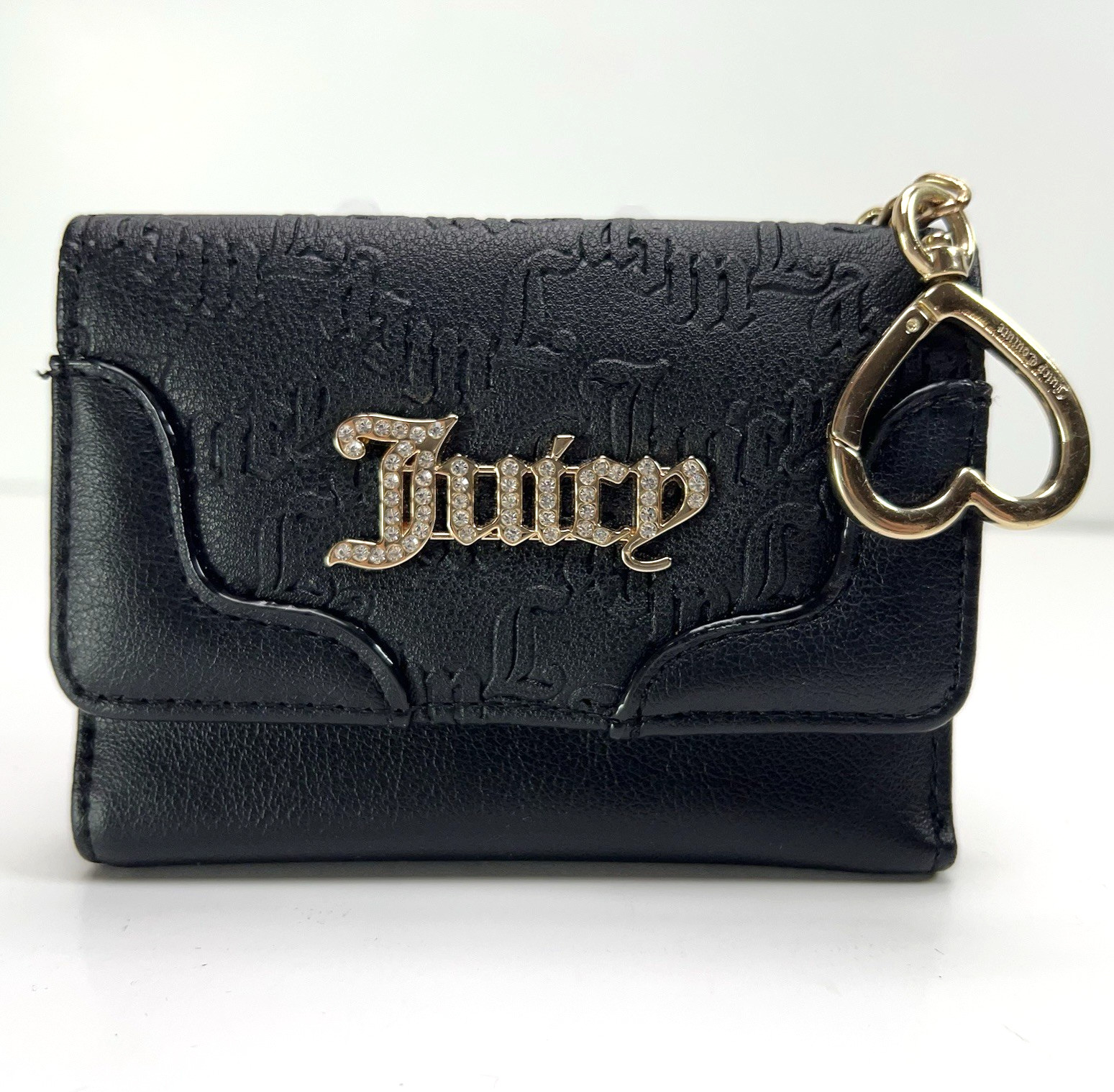 JUICY COUTURE Heartless Double Sided Trifold Wallet Gold Charm Liquorice Black