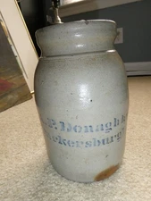 Antique 19th C Stoneware Salt Glazed A.P. Donaghho Parkersburg VA Crock 8" Tall