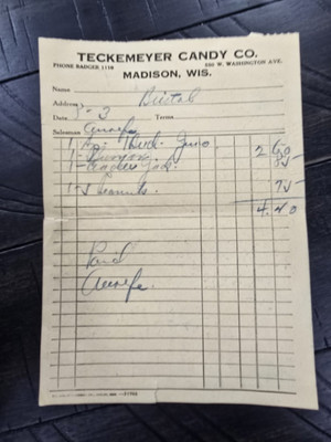 1930s Teckemeyer Candy Co Cracker Jacks Peanuts Madison WI Receipt Billhead