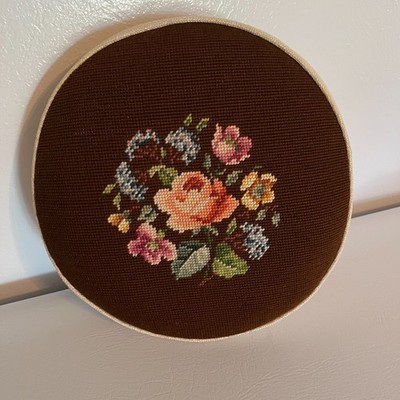 Vintage 13 1/2'' Round Pillow Needlepoint Flowers Brown Beige Cottage Grannycore