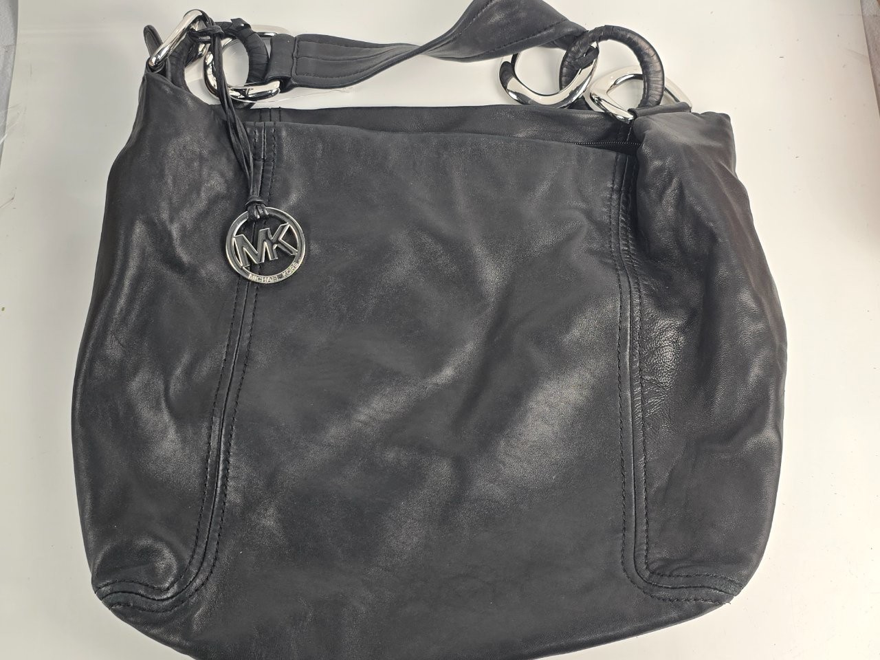 Michael Kors Hobo Shoulder Bag Leather Black Silver MK Charm Logo Lining