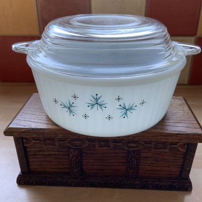 Vintage Phoenix gerippt Pyrex Auflaufform mit Deckel. 60 s Atomic Pattern