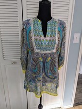 Fig  Flower Top Womens S Boho Sheer Paisley Yellow Aqua Tunic Crochet Peasant