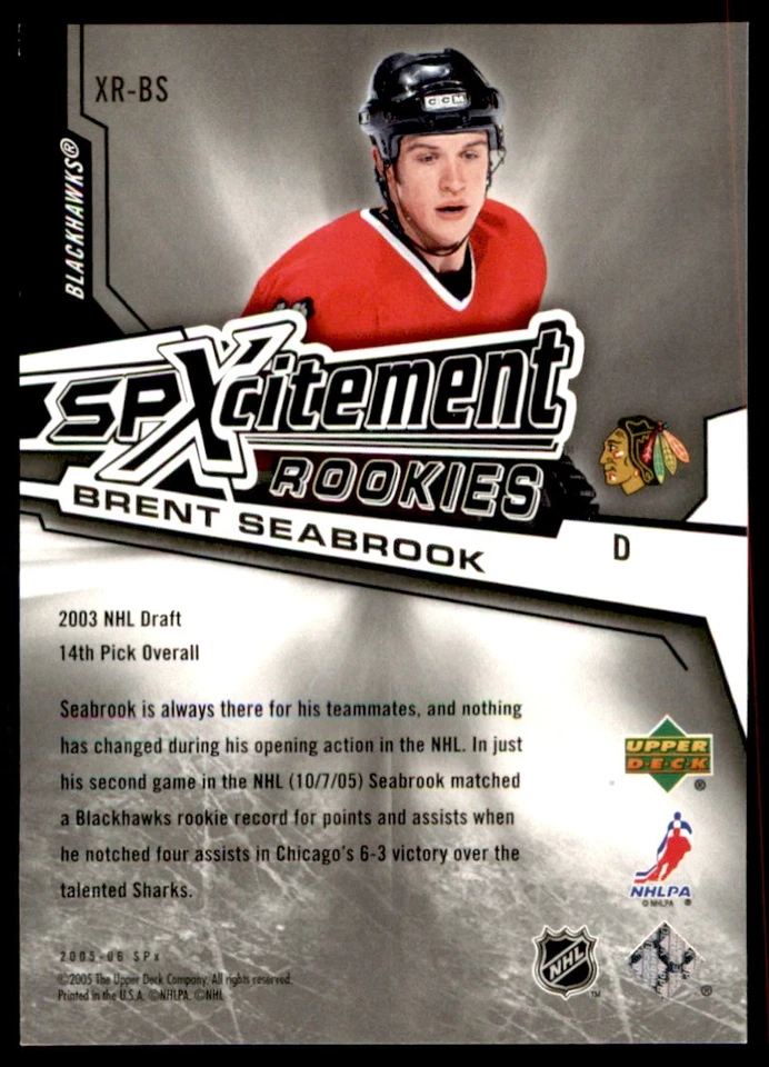 2005-06 SPx Xcitement Rookies Brent Seabrook Chicago Blackhawks #XR-BS - Image 2 of 2