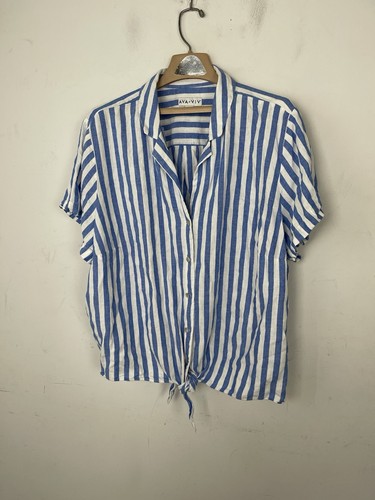 Ava & Viv Womens Shirt 2X Blue Linen Beachy Coastal Cabana Vacay Nautical Travel - Picture 2 of 7