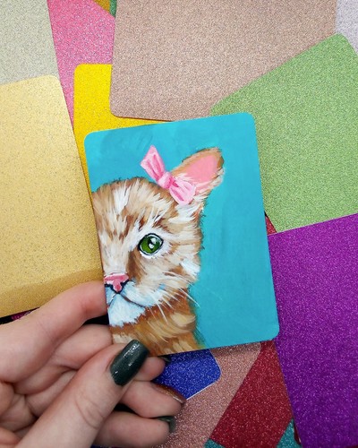 ACEO original acrylic Painting Cat Close Up Pink Bow Kitty Cute Ooak Art Card