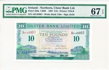 Ulster Bank Ireland 10 Pounds 1997 Prefix A PMG  67EPQ