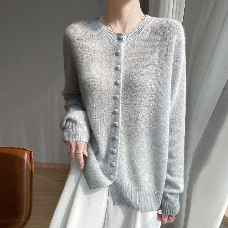 New Silk Cashmere Crew Neck Knitted Cardigan Long Sleeve Soft Top Women Sweaters - Image 2 of 4