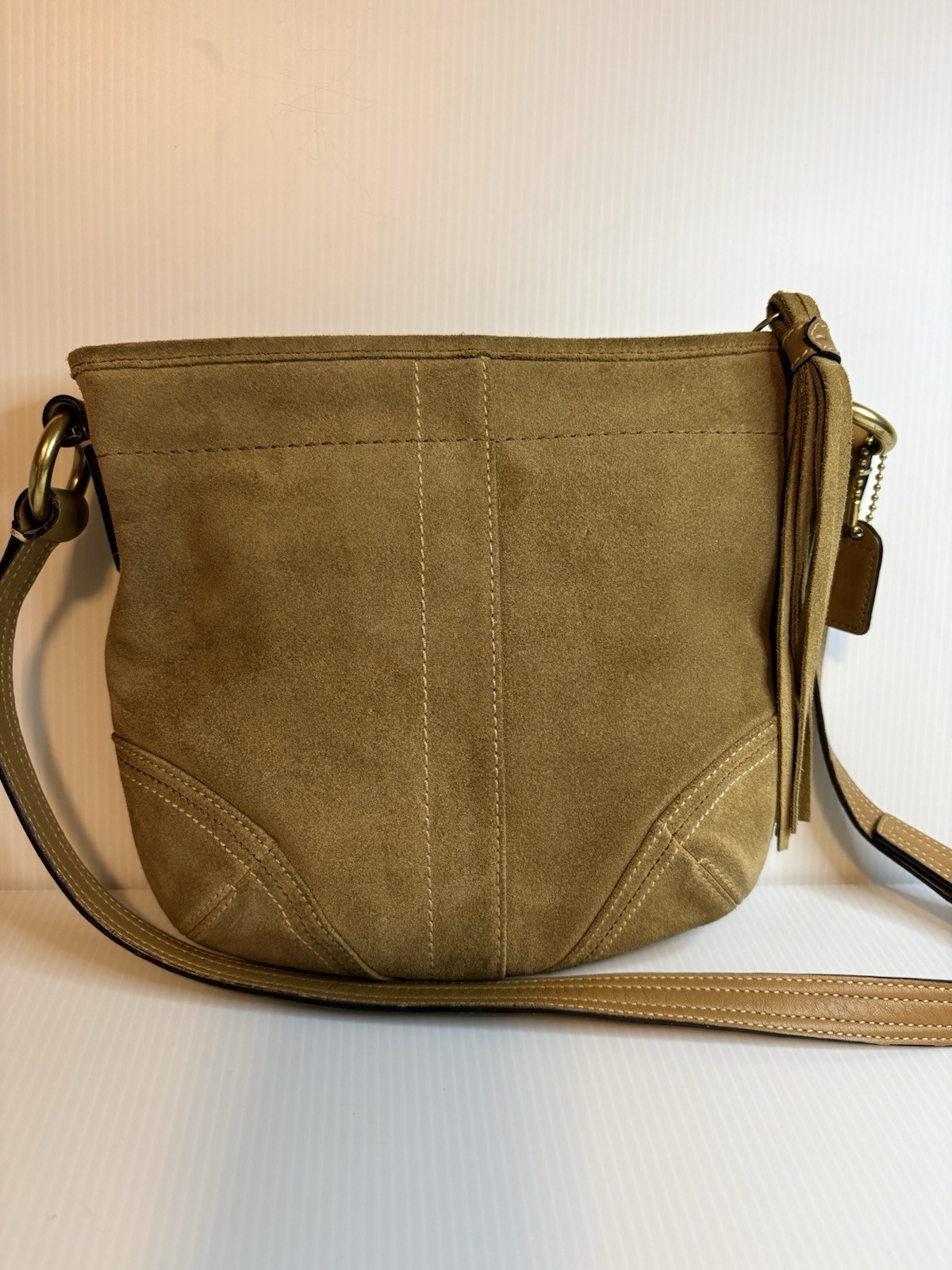 Vintage Coach Suede Crossbody Bag Tan Color With Tassel EUC