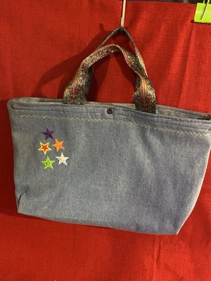 Denim Handmade Tote Bag Snap Closure Lined Inner Pockets Multicolor Handles